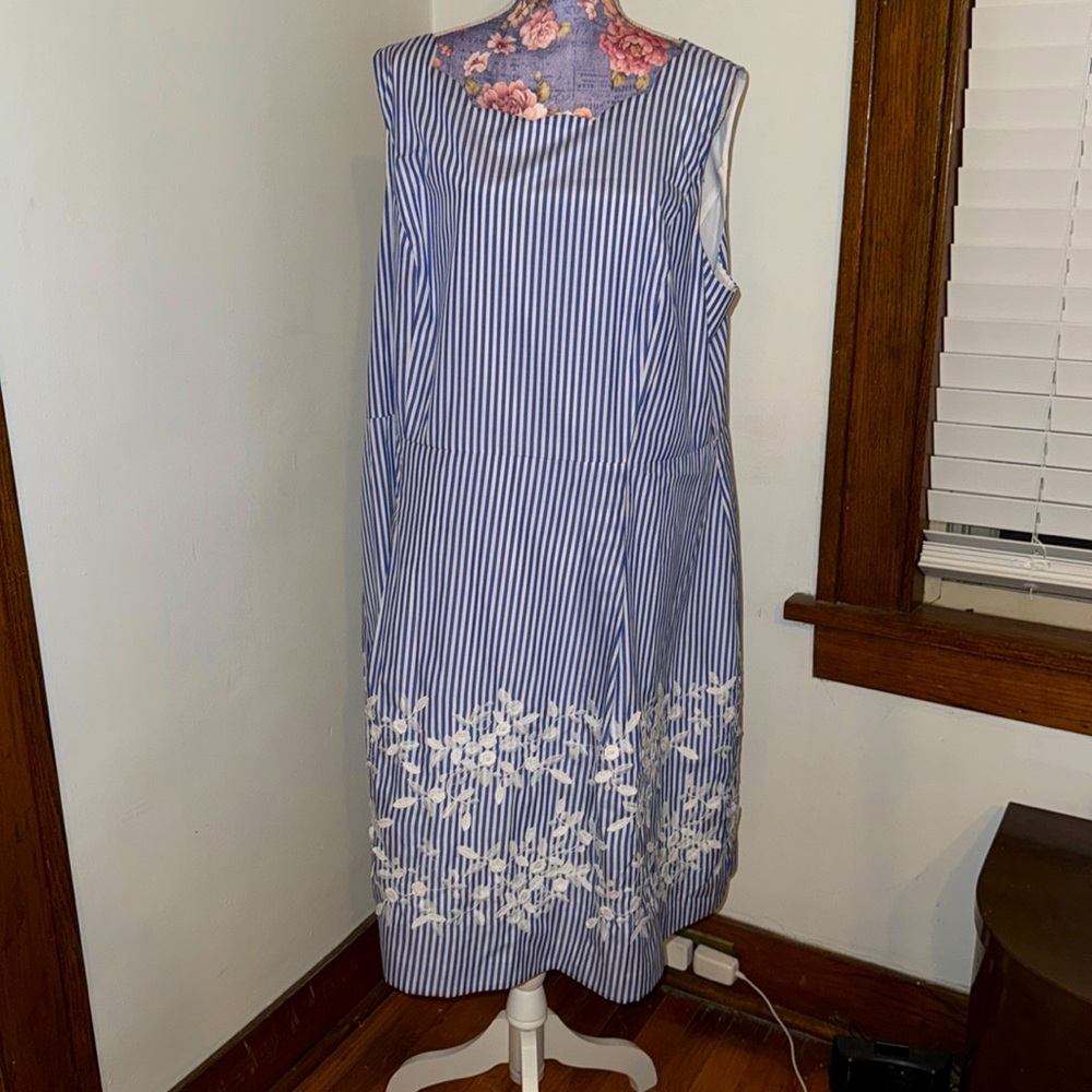 Talbots Blue White Striped Sleeveless Dress White Flowers 18W